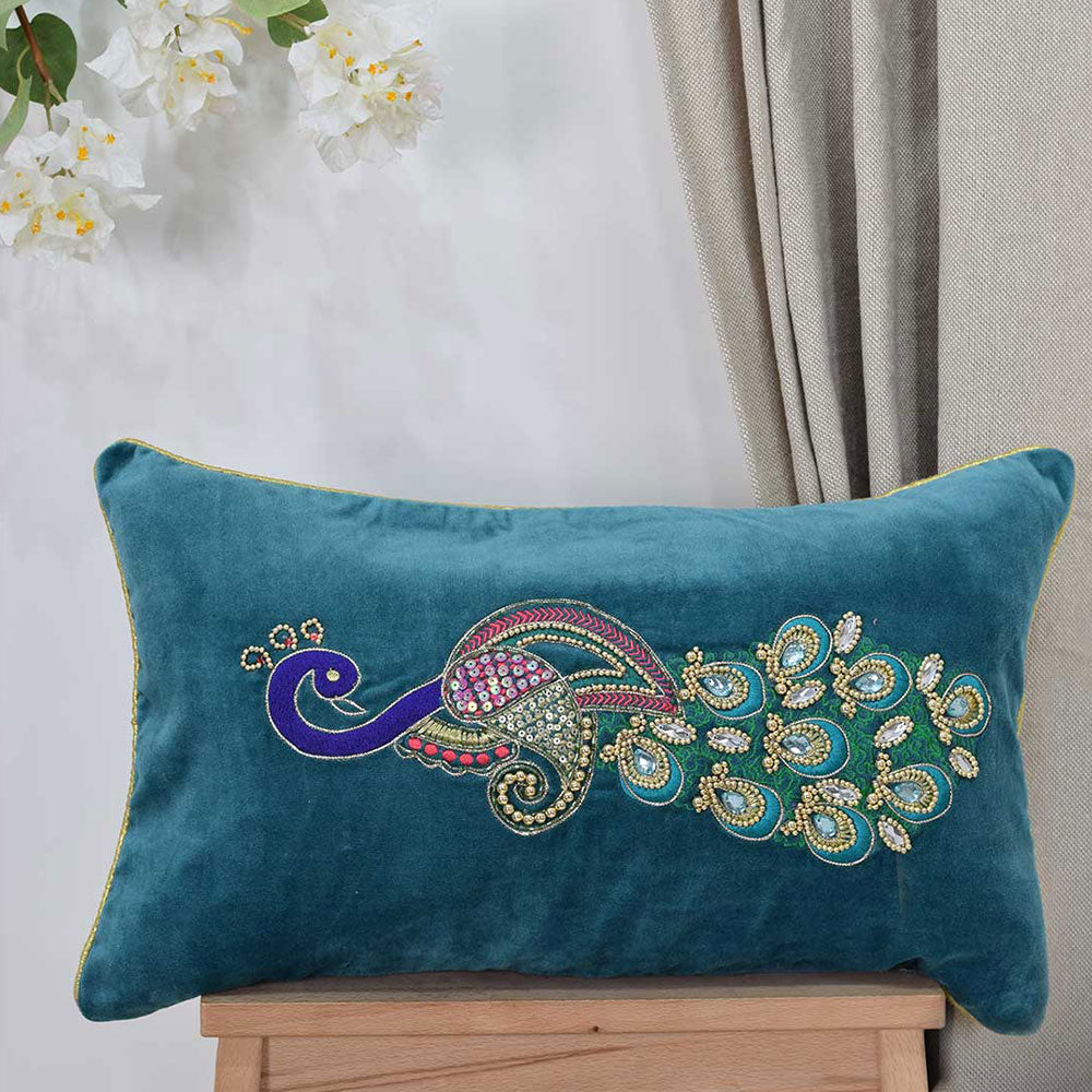 Blue Velvet Beaded zariwork Peacock Cushion Cover Set Of