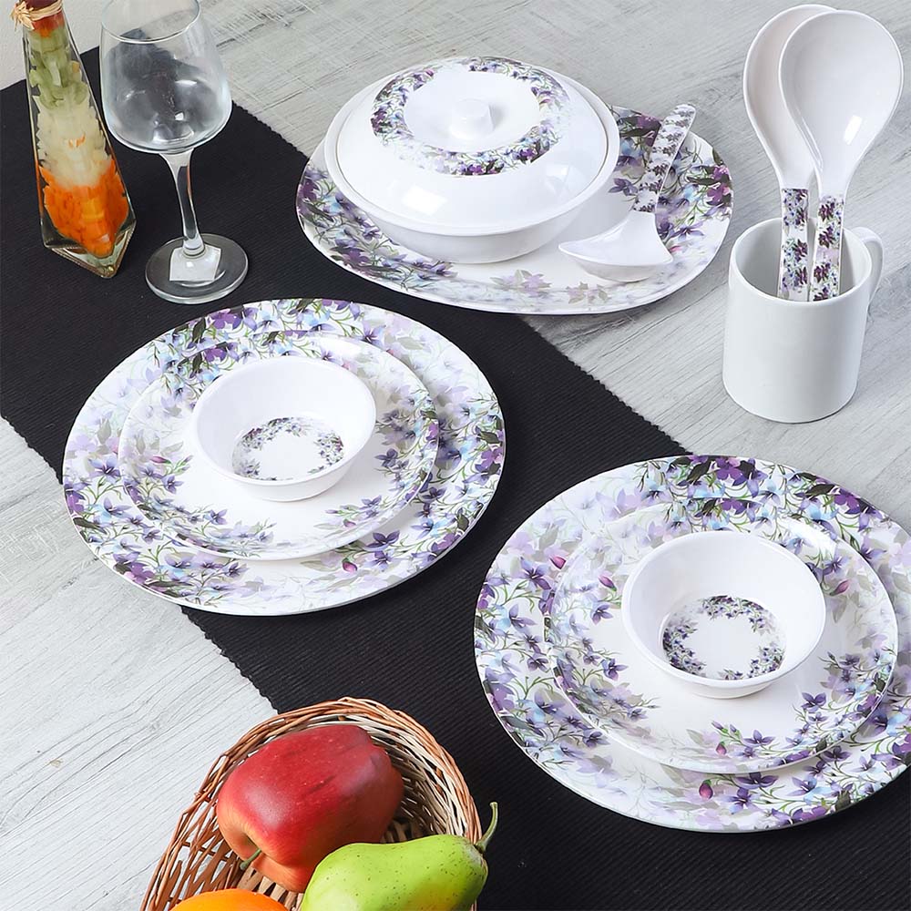 Elegant Purple Floral Printed Melamine Dinner Set Of 33 WallMantra