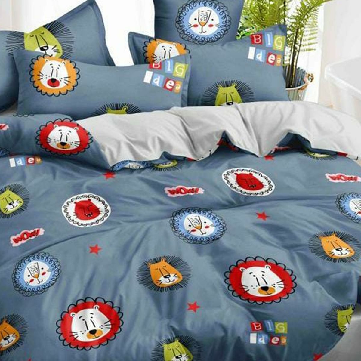 Fiery Lion Cartoon Printed Double Bedsheet With Pillow Covers
