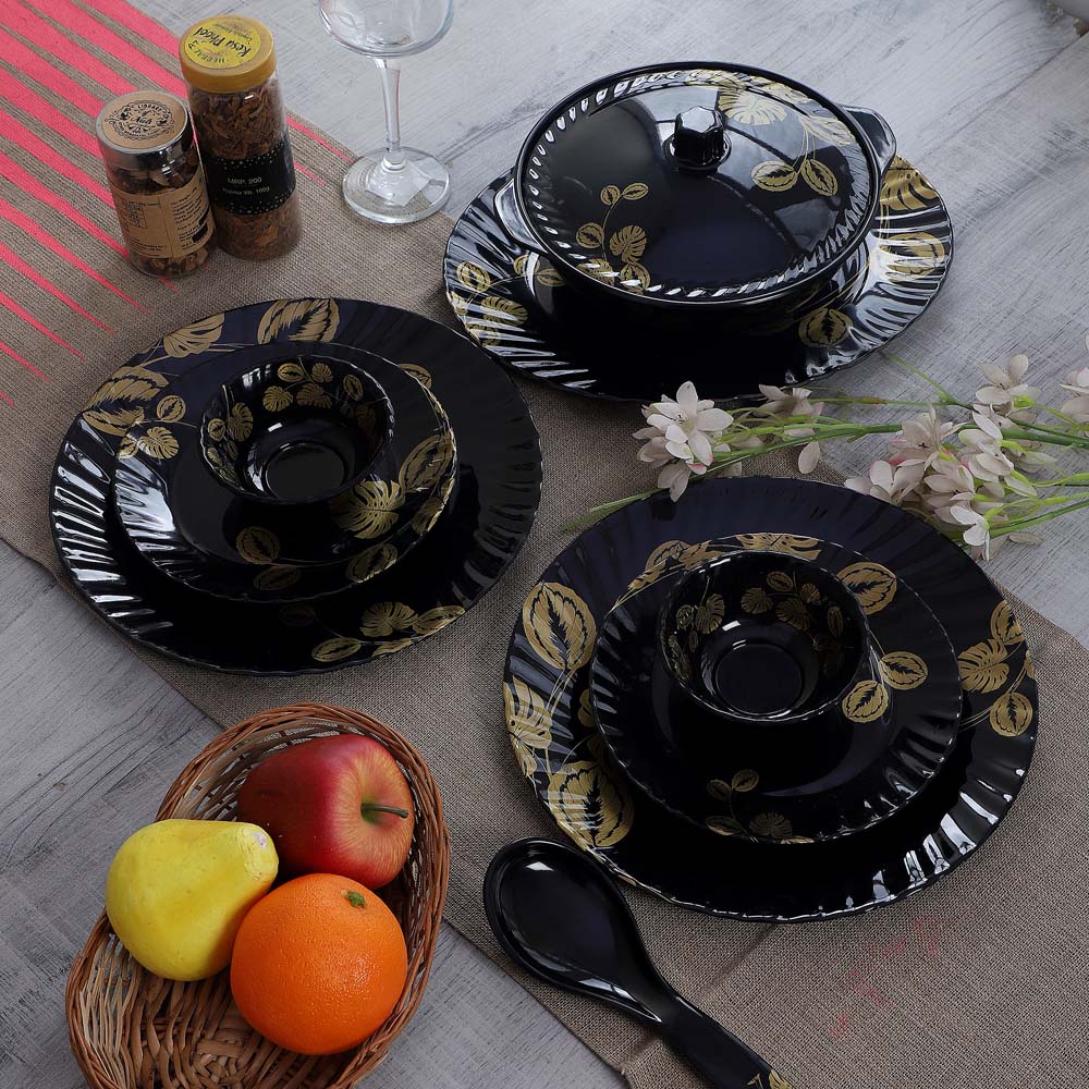 Luxury Black Plate Set Golden Leaves Designer Black Dinner Set Of