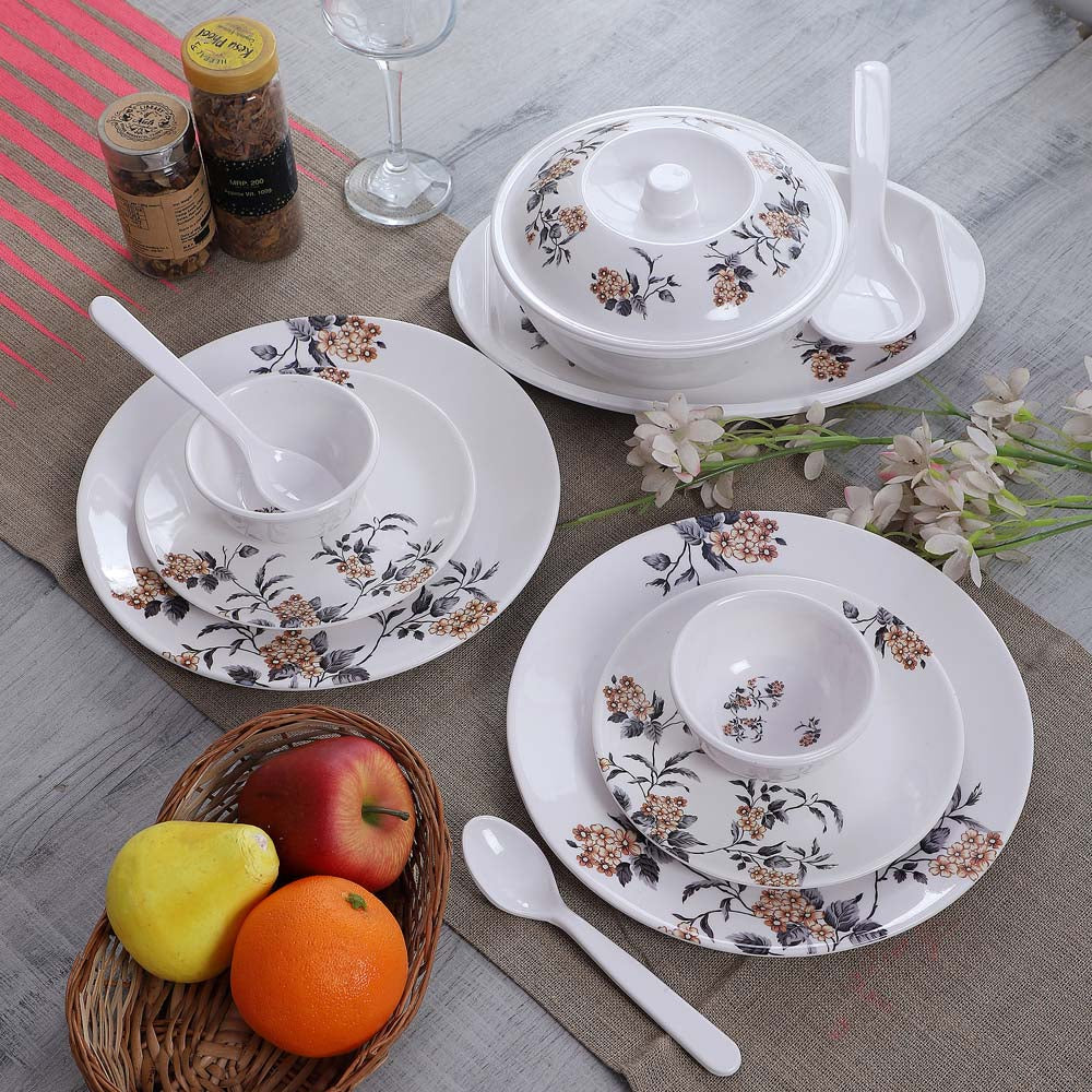 Leafy Design Black Yellow Melamine Dinner Set Of 40 WallMantra