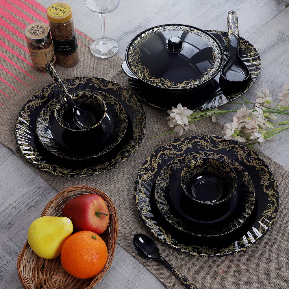 Rich Black Golden Bordered Melamine Dinner Set Of 40 WallMantra
