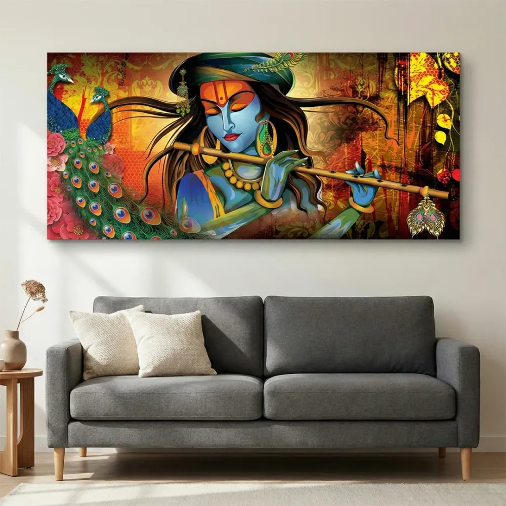 Divine Melody of Krishna with Peacock Vibrant Canvas Wall Painting With Frame