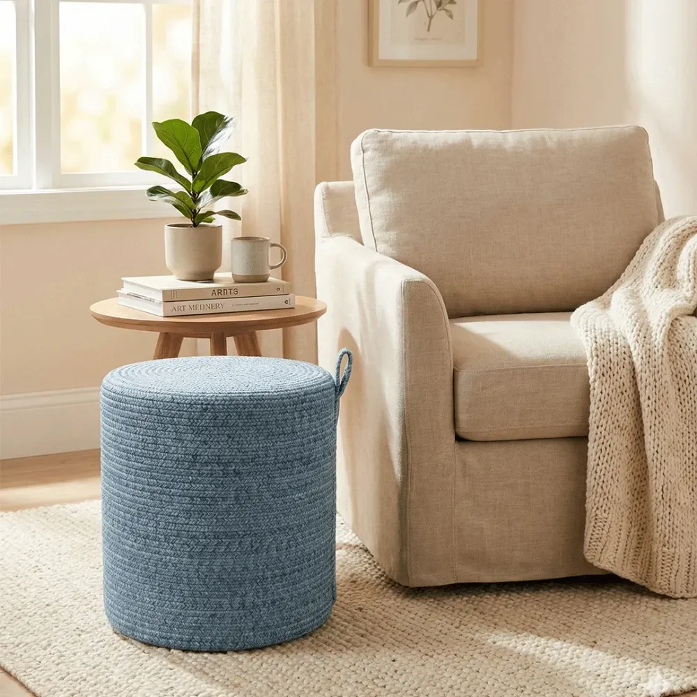 AzureWeave Round Braided Pouffe Stool