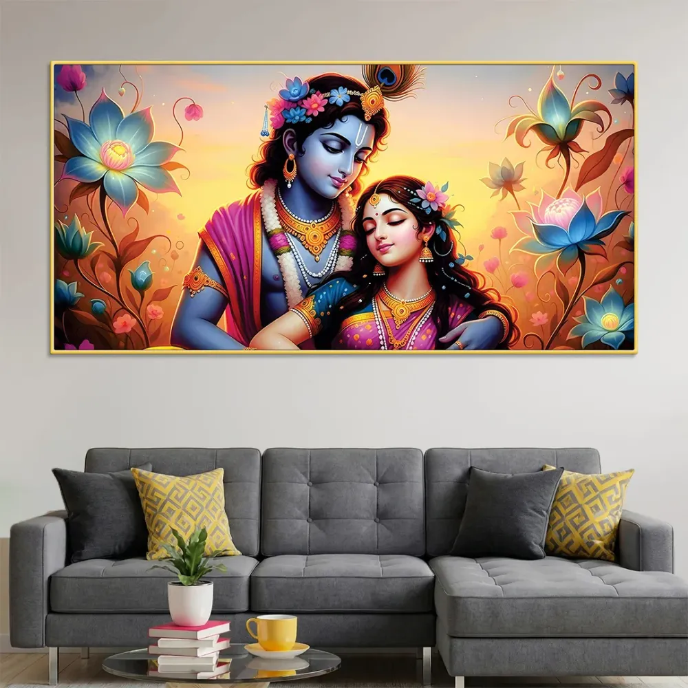 Blossoming Love of Radha Krishna Canvas Wall Painting With Frame