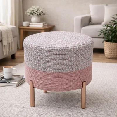Blush Harmony Indoor Round Braided Pouffe Stool with Metal Legs