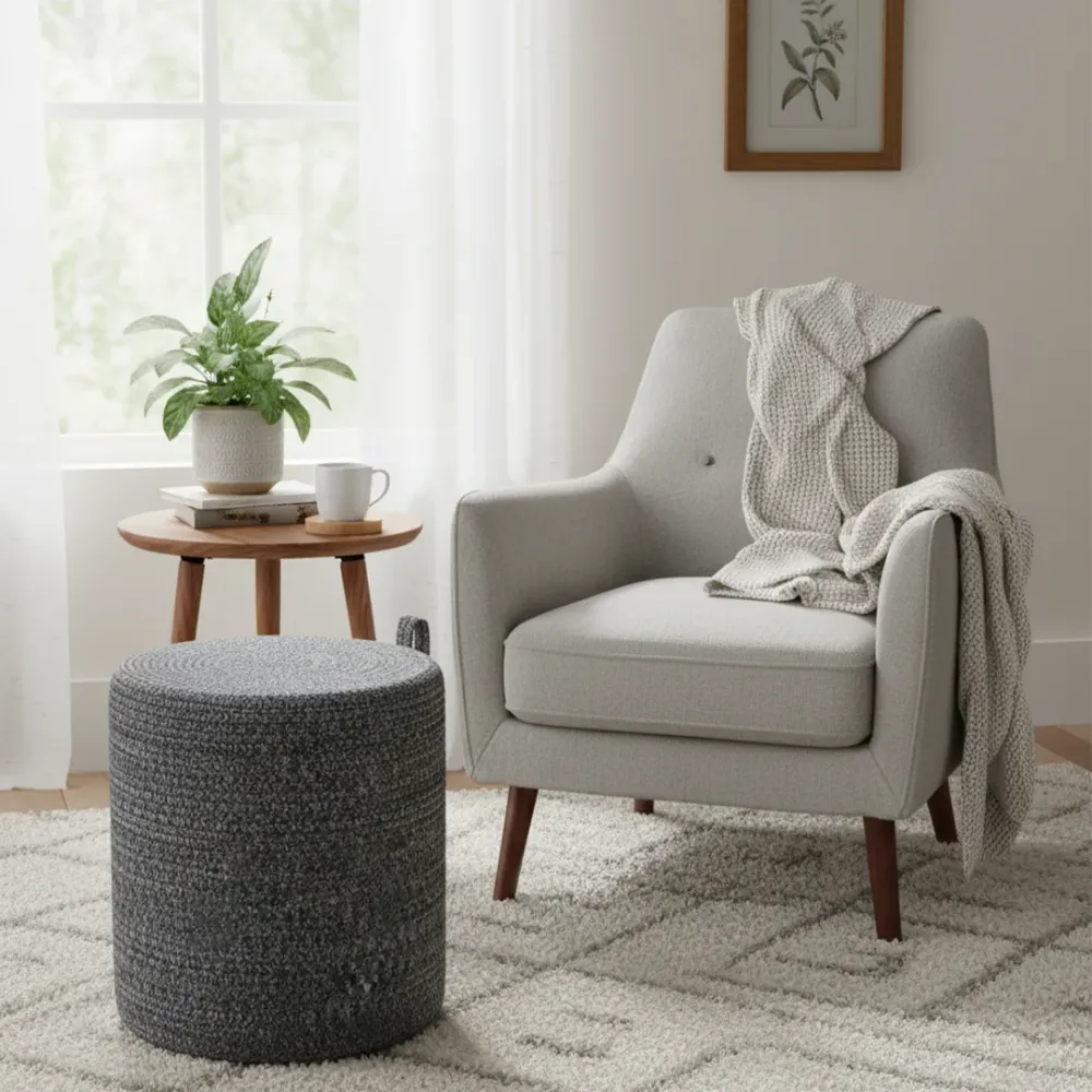 CharcoalWeave Round Braided Pouffe Stool
