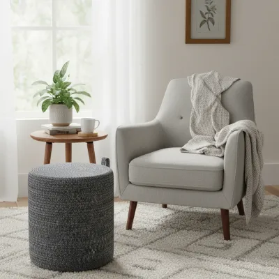 CharcoalWeave Round Braided Pouffe Stool
