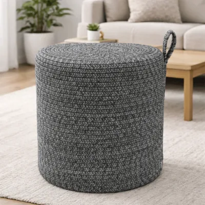 CharcoalWeave Round Braided Pouffe Stool