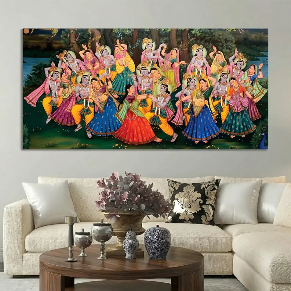 Divine Celebration of Raas Leela Krishna Canvas Wall Painting With Frame