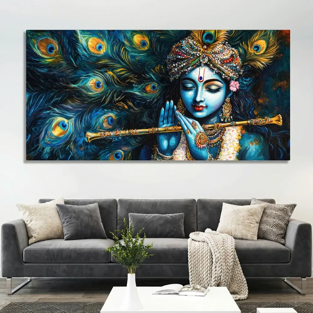 Divine Flute of Lord Krishna Canvas Wall Painting With Frame