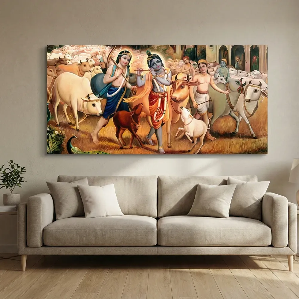 Divine Pastures of Krishna Leela Canvas Wall Painting With Frame