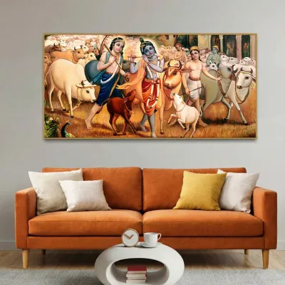 Divine Pastures of Krishna Leela Canvas Wall Painting