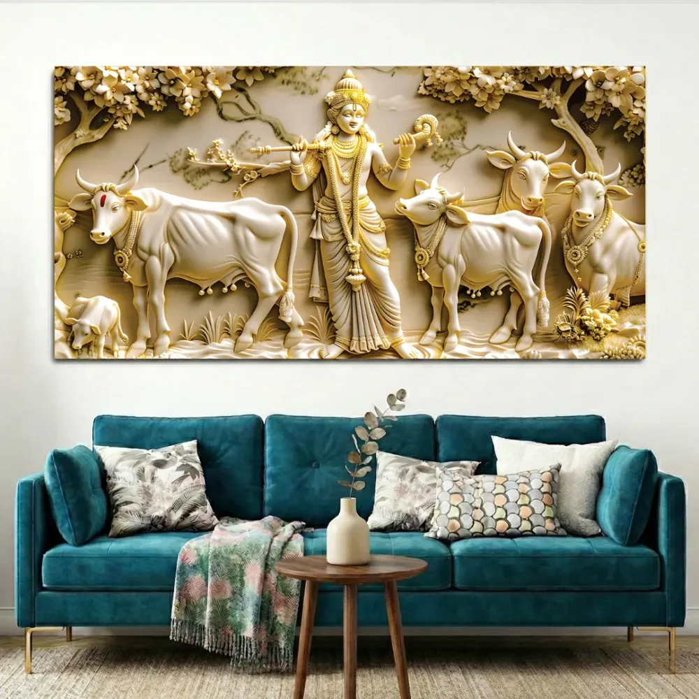 Golden Pastures of Lord Krishna Luxury Canvas Wall Painting With Frame