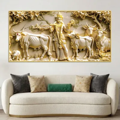 Golden Pastures of Lord Krishna Luxury Canvas Wall Painting