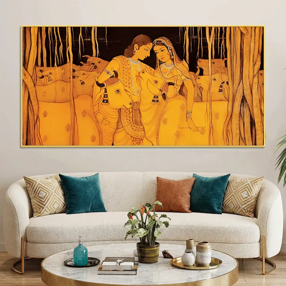 Golden Serenity of Radha Krishna Canvas Wall Painting With Frame