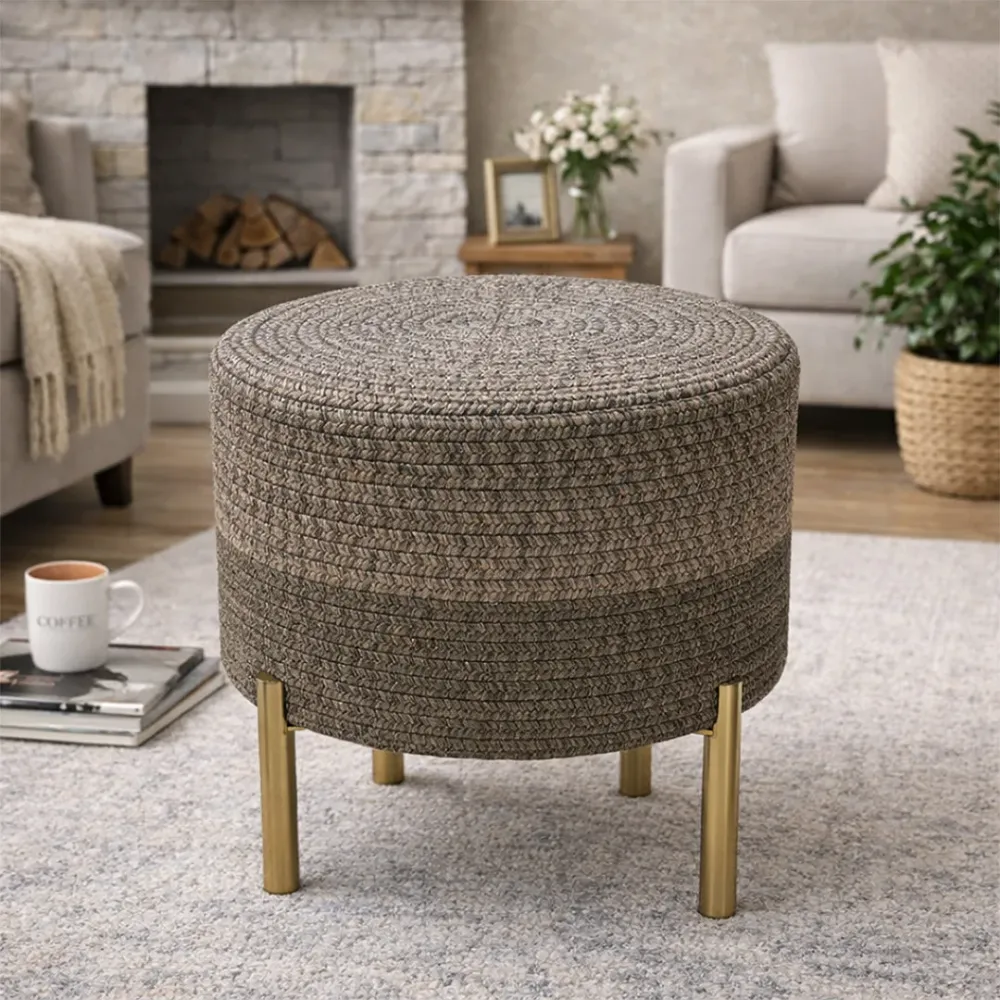 LuxeWeave Aura Indoor Round Braided Pouffe Stool with Metal Legs 