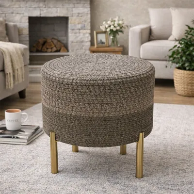 LuxeWeave Aura Indoor Round Braided Pouffe Stool with Metal Legs