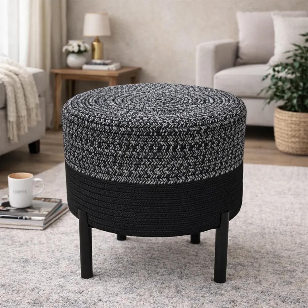 Midnight Weave Indoor Round Braided Pouffe Stool with Metal Legs 