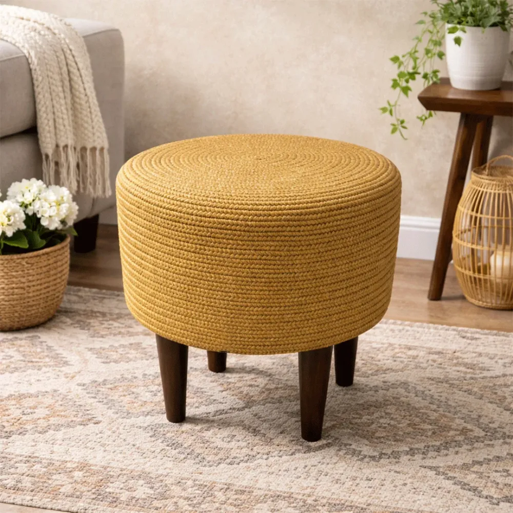 Mustard Haven Indoor Round Braided Pouffe Stool 