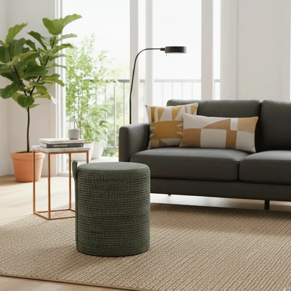 OliveWeave Round Braided Pouffe Stool