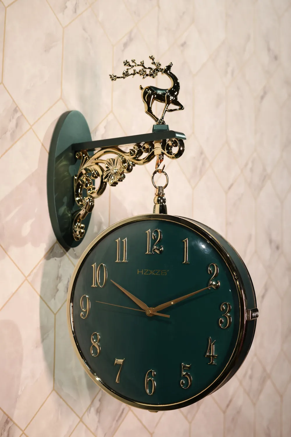 Royal Emerald Double-Sided Wall Clock with Golden Deer Bracket