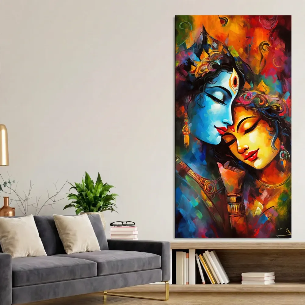 Sacred Embrace of Radha Krishna Canvas Wall Painting With Frame