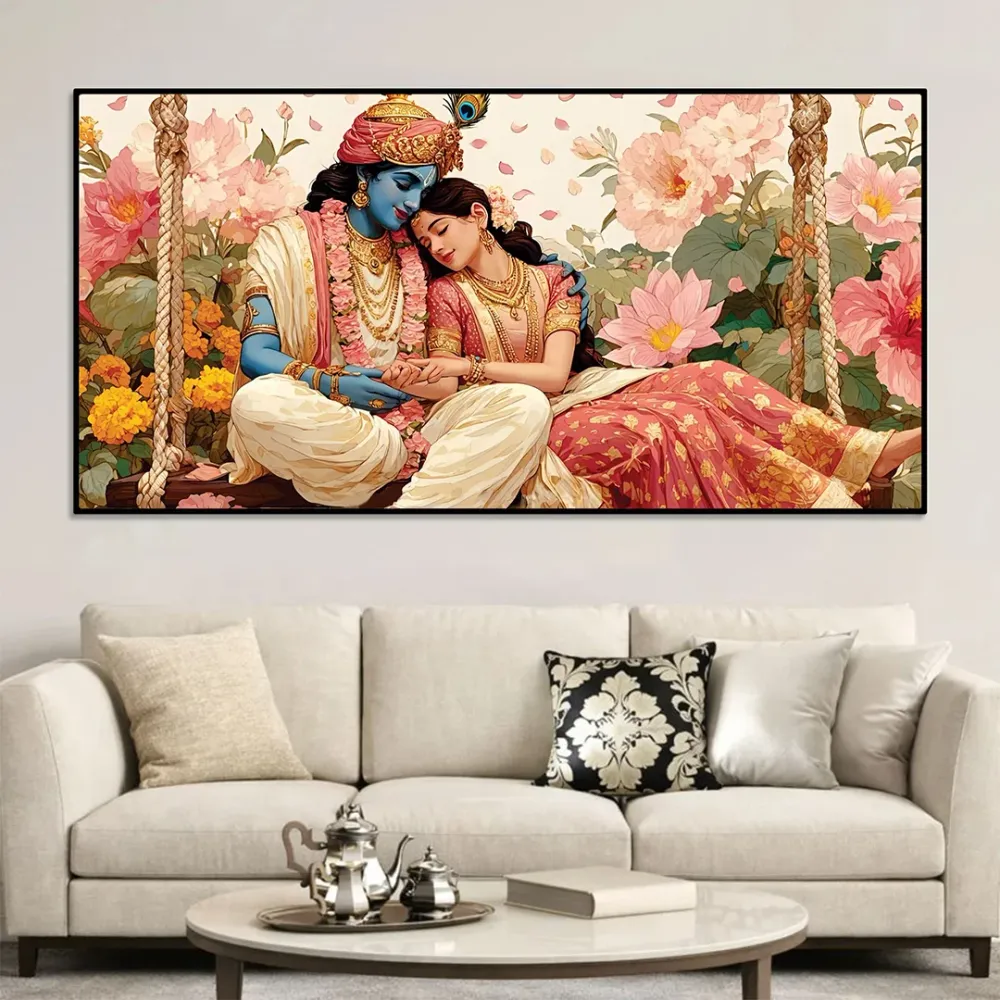 Sacred Togetherness of Radha Krishna Canvas Wall Painting With Frame
