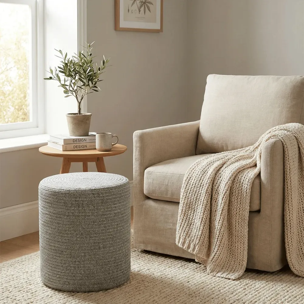 StoneGrey Handwoven Round Pouffe Stool