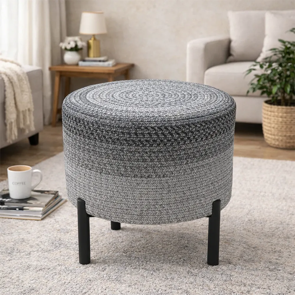 Urban Grey Studio Indoor Round Braided Pouffe Stool with Metal Legs 