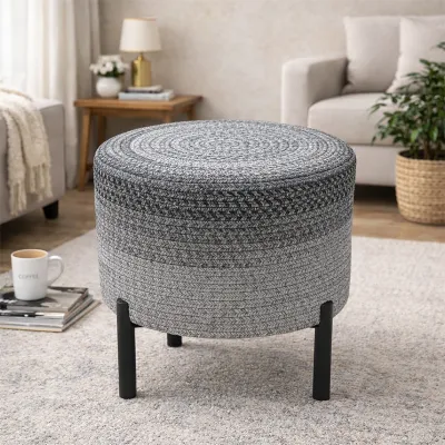 Urban Grey Studio Indoor Round Braided Pouffe Stool with Metal Legs