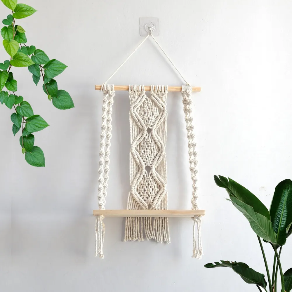 100% Cotton Sturdy Off-white Macrame Wall Hanging Shelf