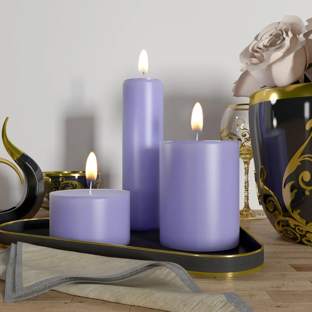 100% Organic Lavender Aroma Purple Pillar Candles- Set Of 3