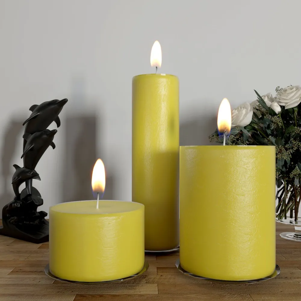 100% Organic Lemon Aroma Yellow Pillar Candles- Set Of 3