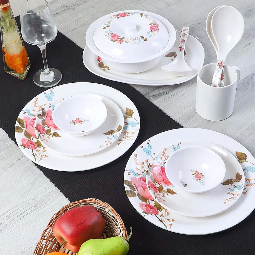 33 Pieces Pink Rose Floral Printed High-quality Melamine Glossy Dinner Set