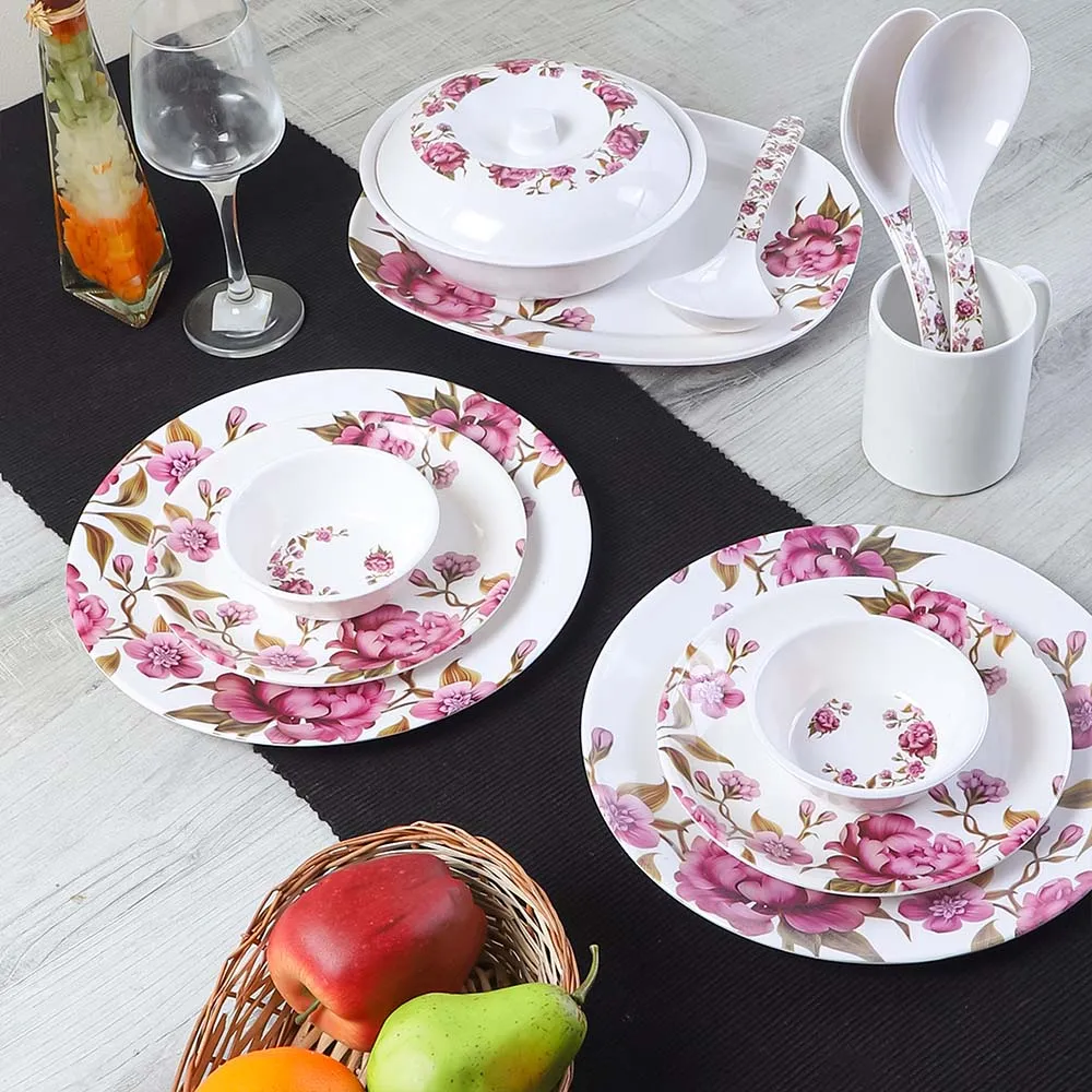 33 Pieces Unbreakable Floral Printed White & Magenta Premium Melamine Glossy Dinner Set