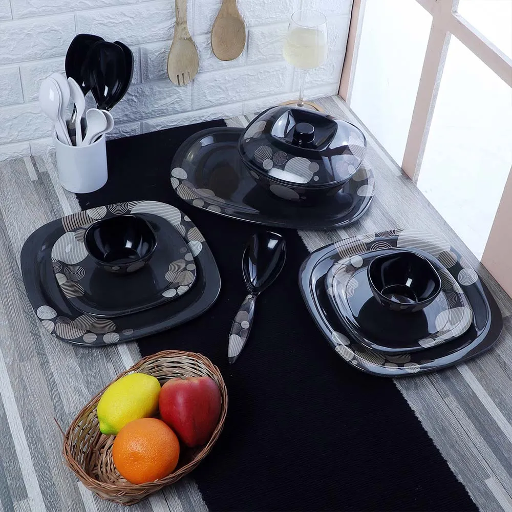 40 Pieces Black Geometric Printed Premium Melamine Glossy Dinner Set