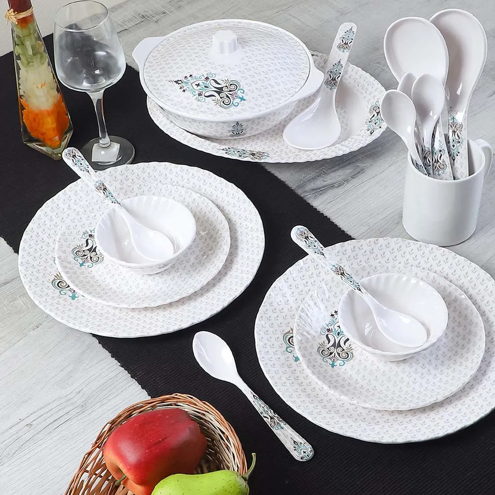 40 Pieces Designer Ethnic Motifs Printed White & Grey Premium Melamine Glossy Dinner Set