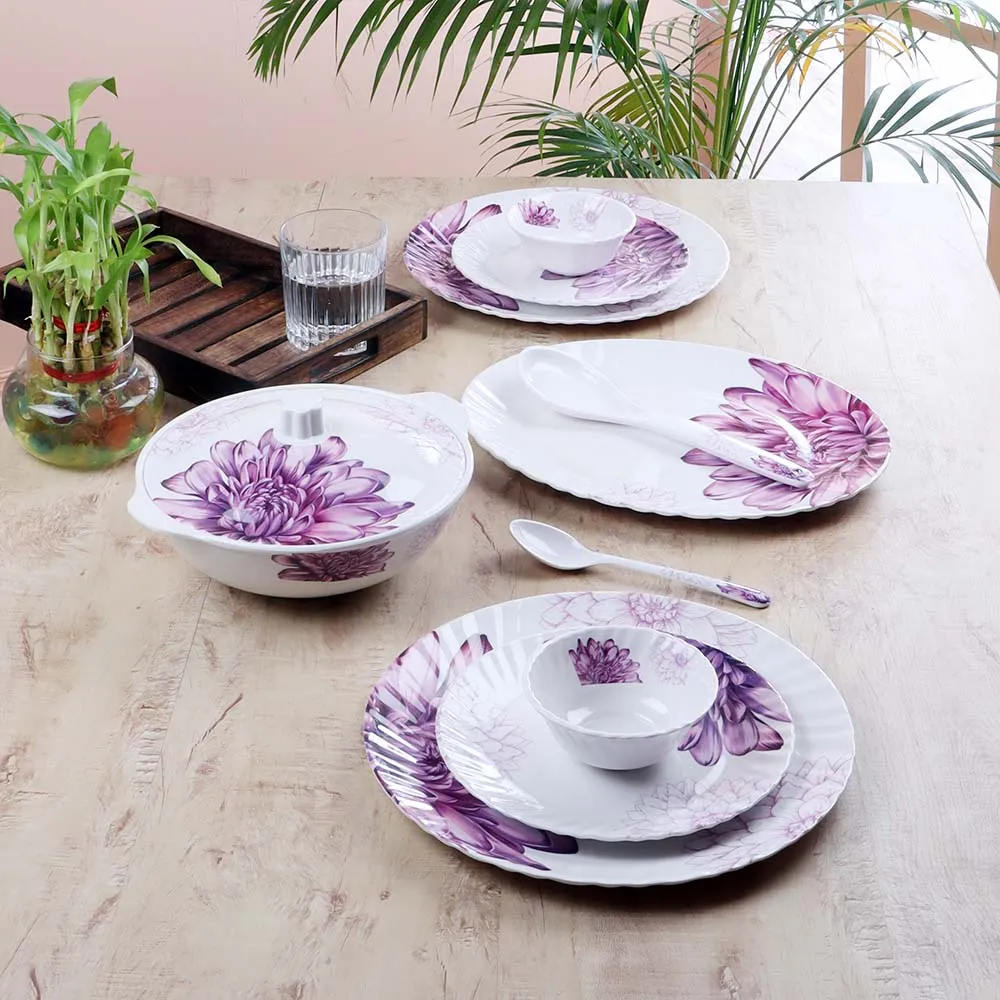 40 Pieces Voguish White & Purple Floral Printed Premium Melamine Glossy Dinner Set