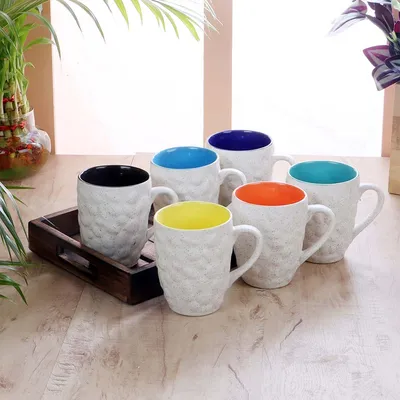 6 Pieces Textured Multicolour Superior-quality Ceramic Glossy Cup Set