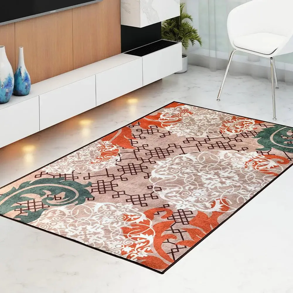 Abstract Designer Orange & Green Printed Premium Area Carpet ( 3 ft x5 ft & 4 ft x 6 ft )