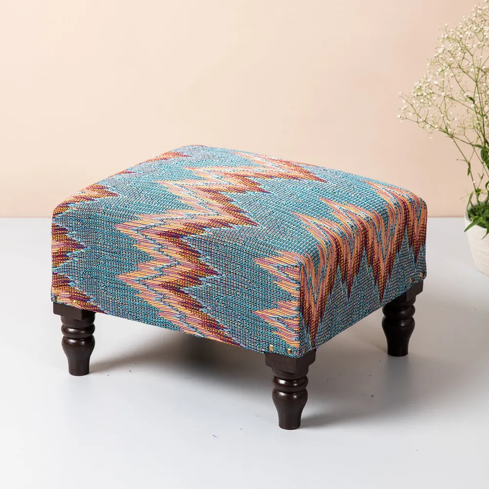 Abstract Multicolored Woven Jacquard Cotton Upholstered Wood Stool