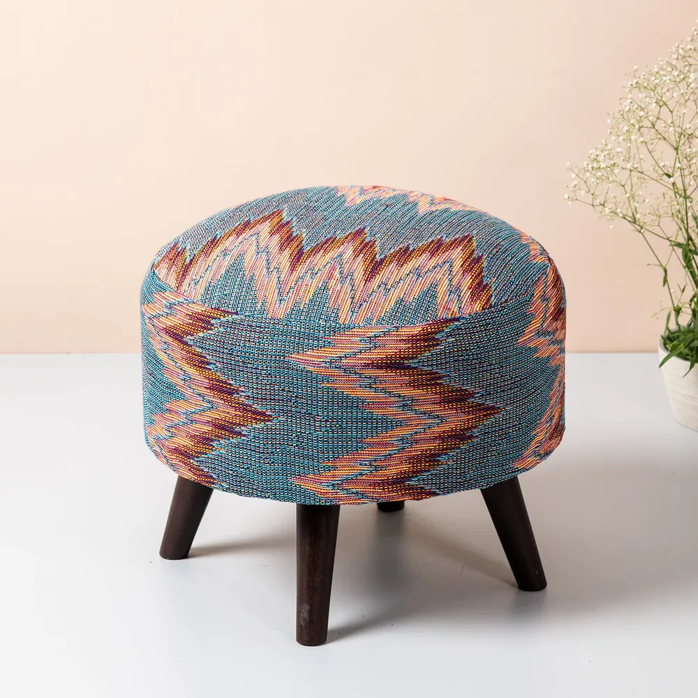 Abstract Printed Multicolored Woven Jacquard Cotton Upholstered Ottoman Wood Stool
