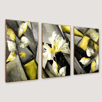 Abstract Stylized triptych with flower, leaves 3 Pieces Abstract Design Canvas Printed Painting