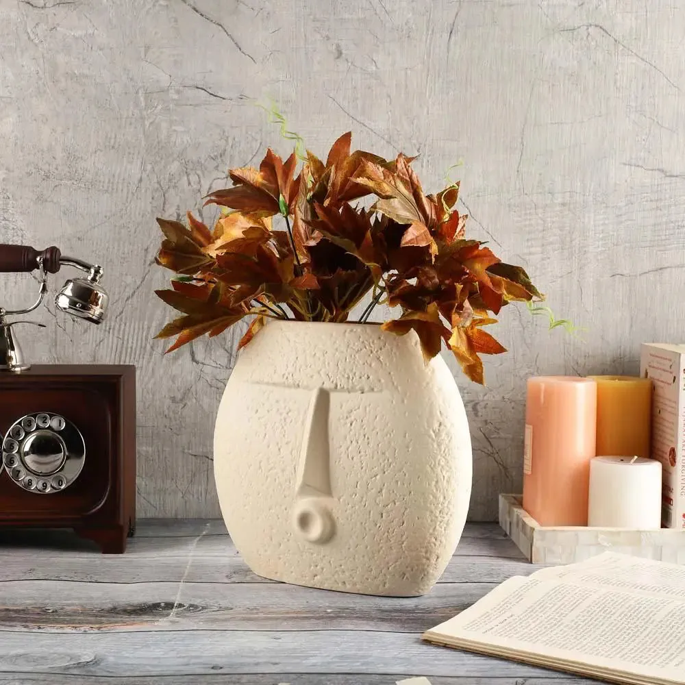 Ancient Carved Oval Face White Decorative Ceramic Flower Vase