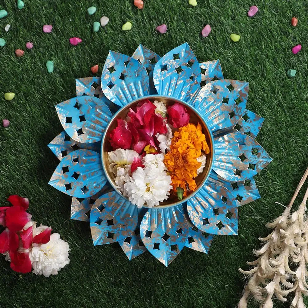 Antique Blue Designer Floral Metal Urli Bowl