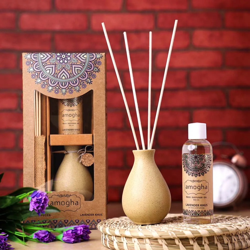 Aromatic Lavender Khus Reed Diffuser Set (Ceramic Pot+Reeds+Essential Oil)