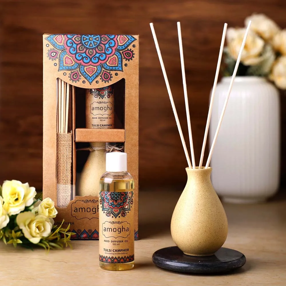 Aromatic Tulsi Camphor Reed Diffuser Set (Ceramic Pot+Reeds+Essential Oil)