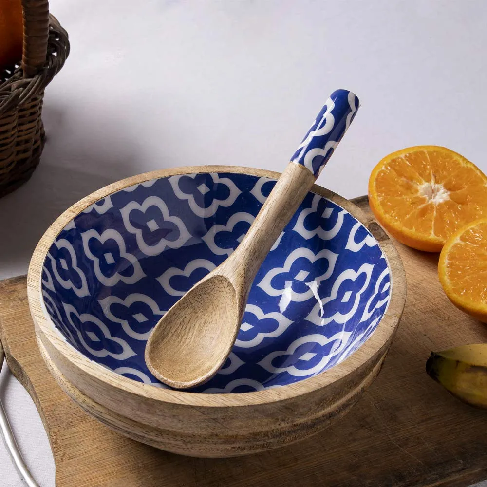 Artsy Blue & White Designer Wooden Bowl With Spoon