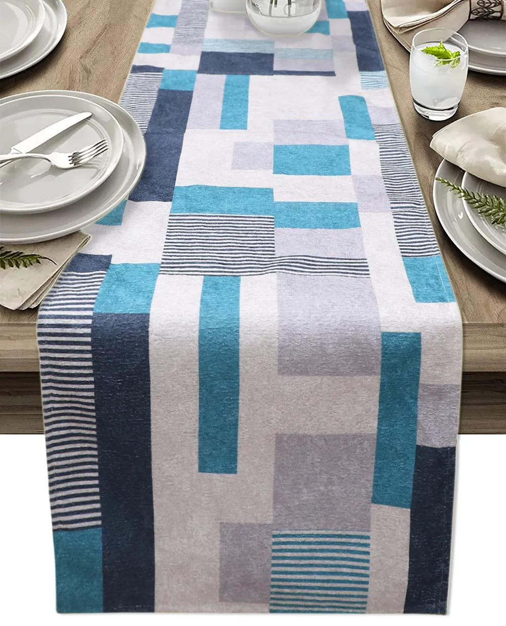 Asymmetric Blue & White Patterned Soft Velvet Table Runner